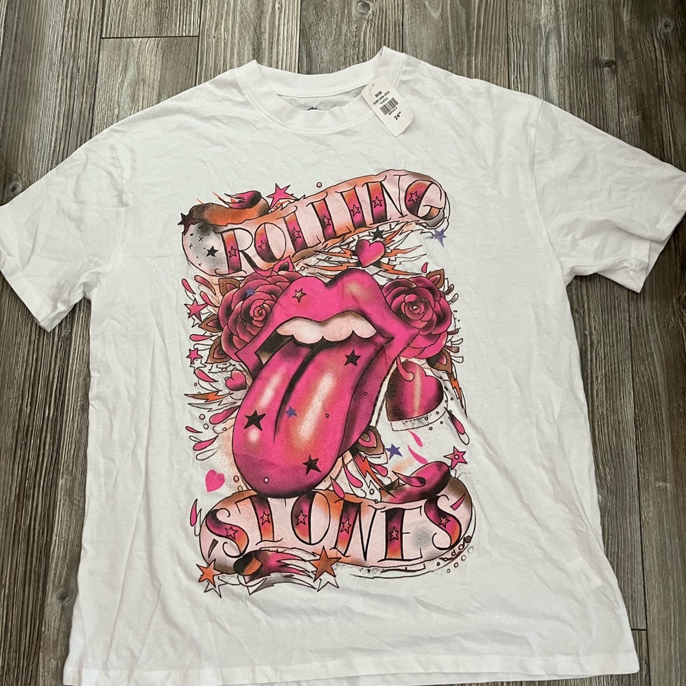 🌸 Rolling Stones White Tee with Pink & Black Graphic